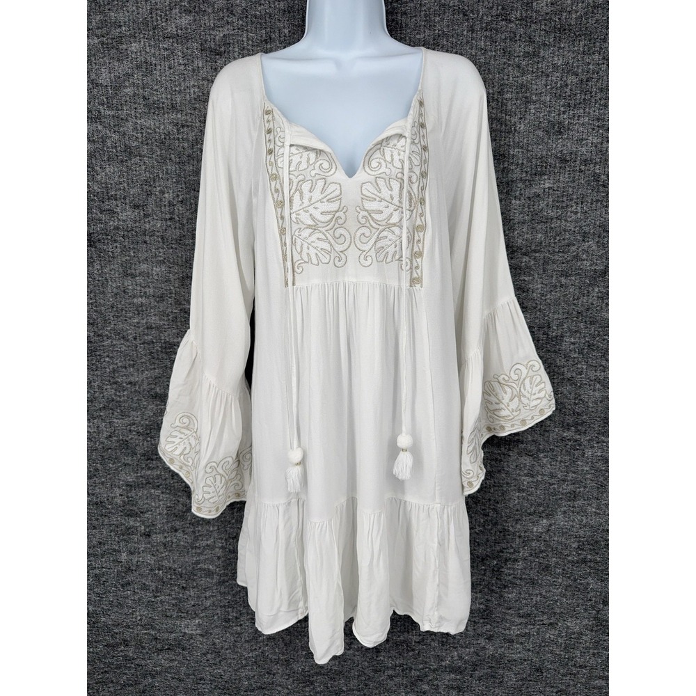 Lilly Pulitzer Dress Womens M White Embroidered V Neck Bell Sleeve Boho Swing
